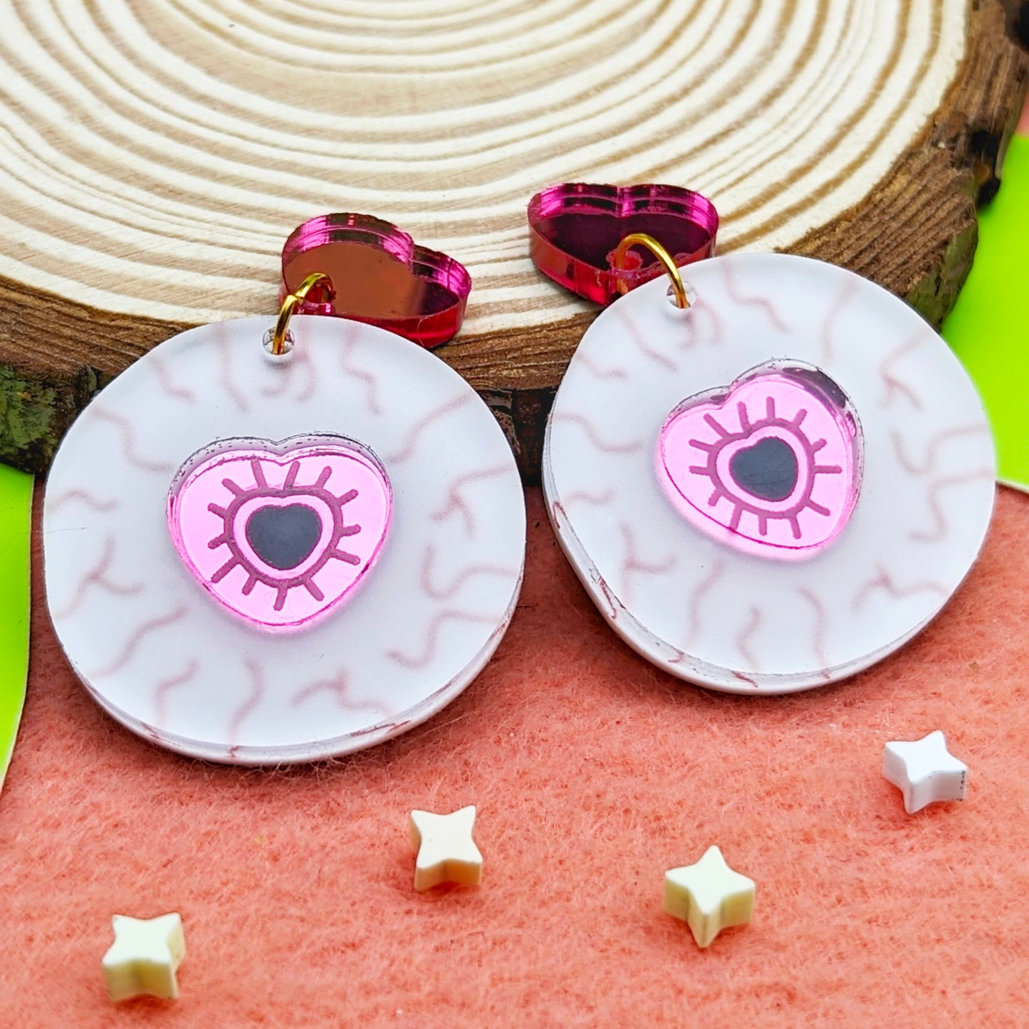 Eyeball with Pink Heart Acrylic Earrings