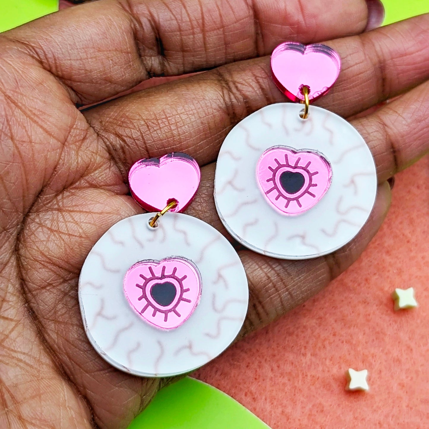 Eyeball with Pink Heart Acrylic Earrings