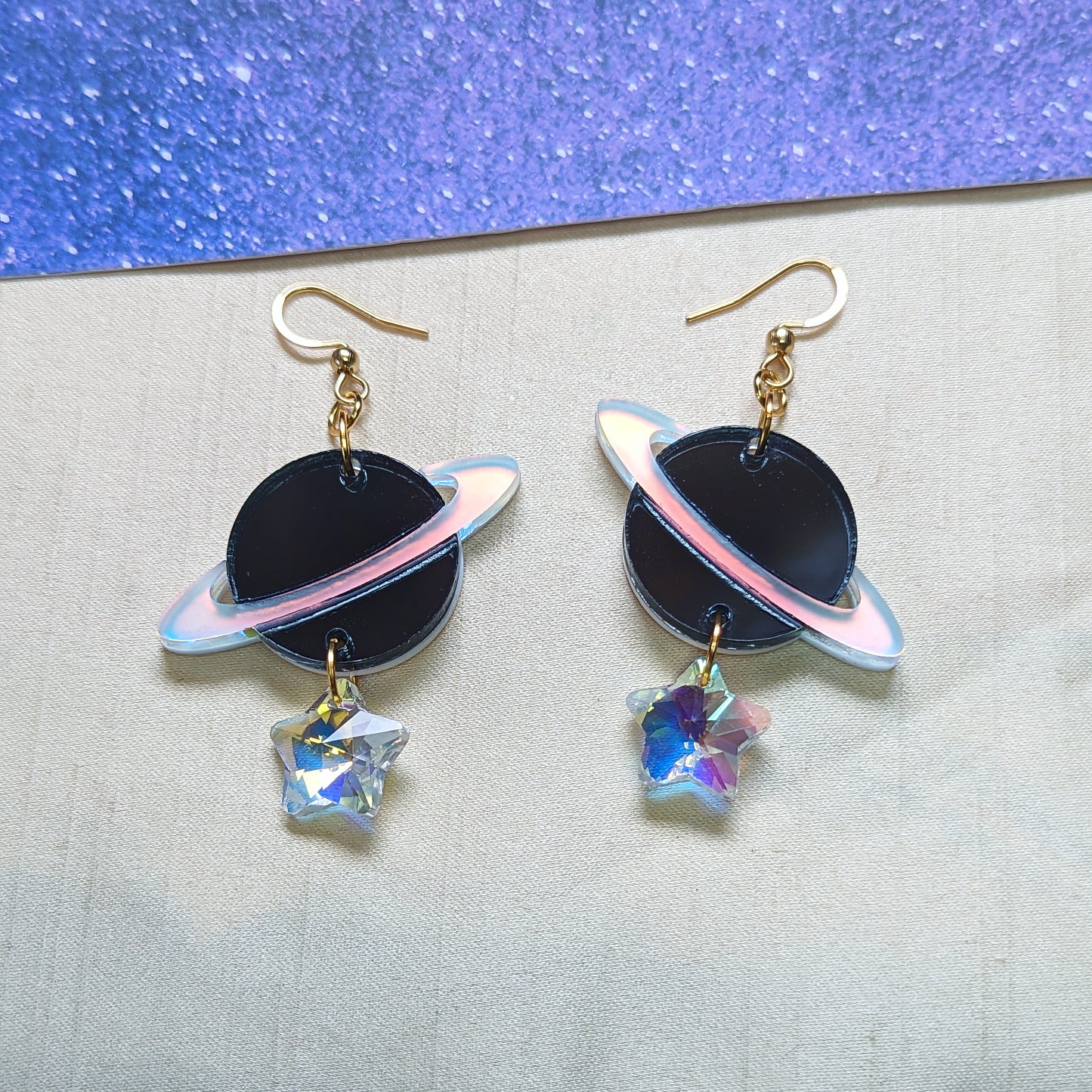 Black Saturn Planet Earrings with Star Crystals