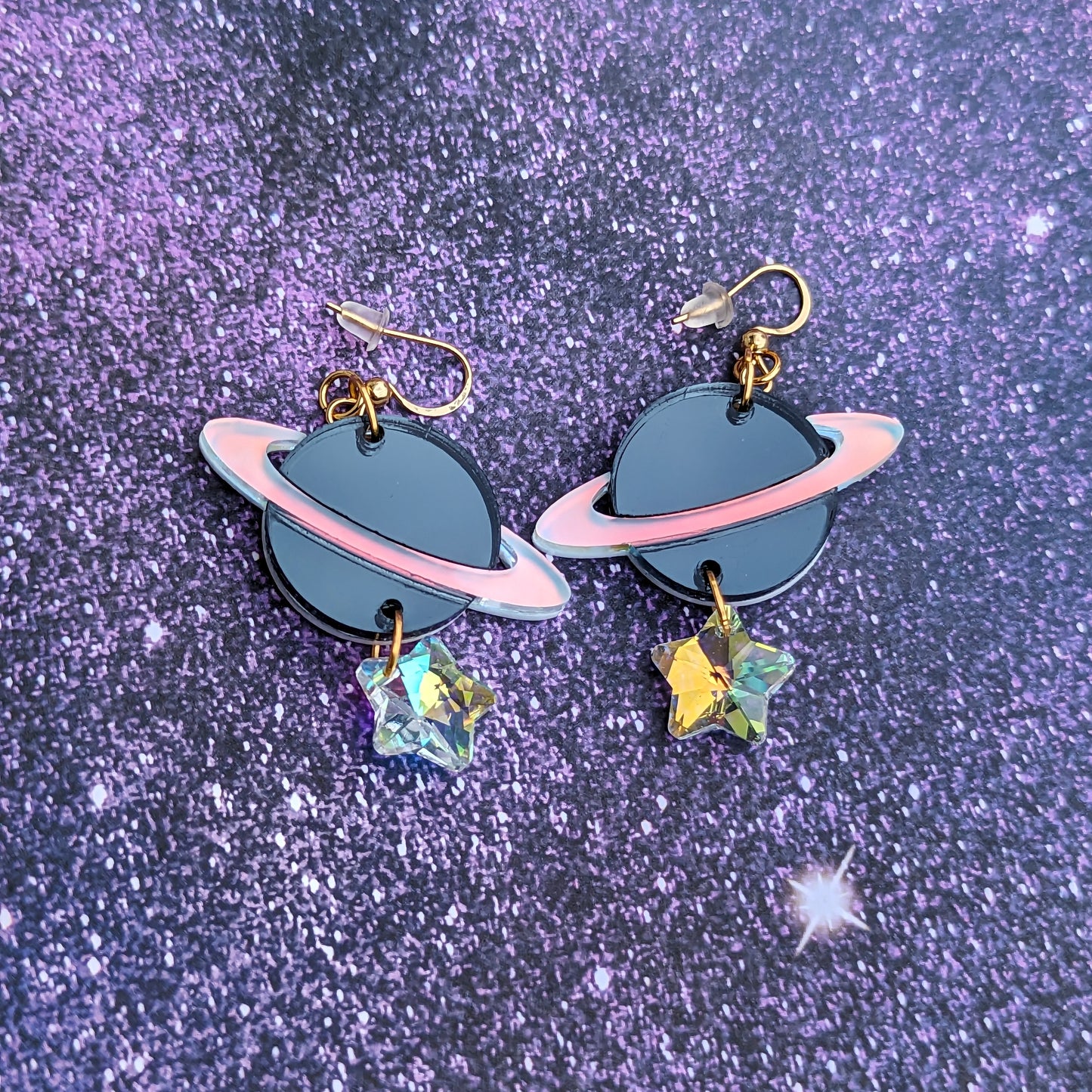 Black Saturn Planet Earrings with Star Crystals