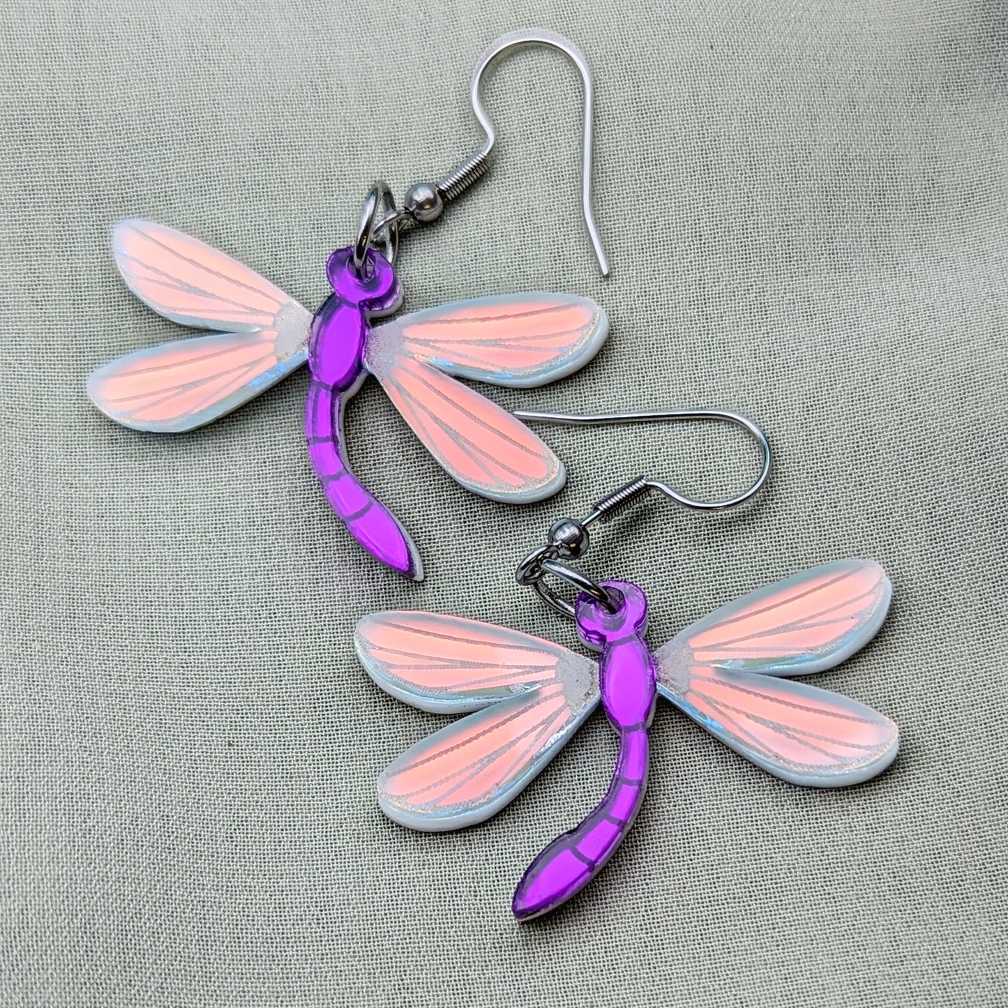 Purple dragonfly dangle earrings with matte iridescent engraved wings on stainless steel fishhooks