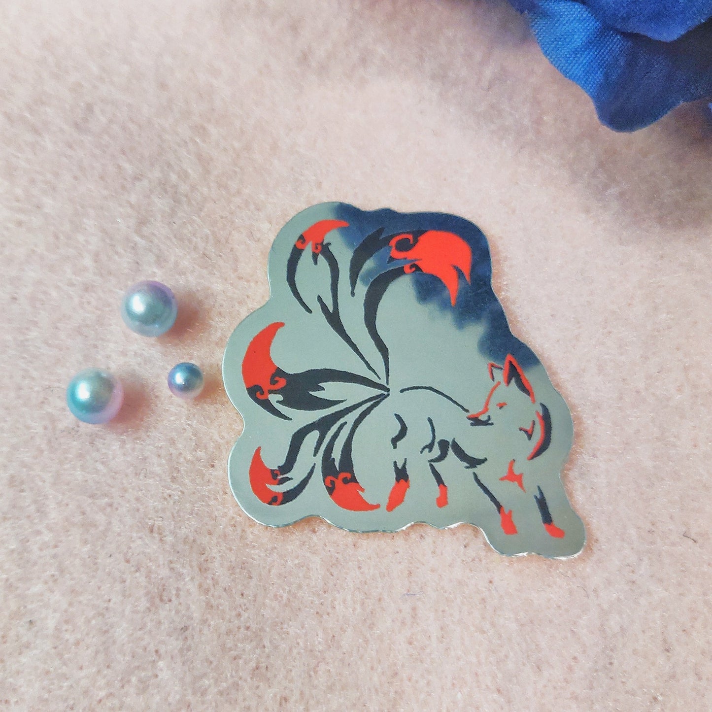 Black and Red Kitsune Tailed Fox Silver Sticker