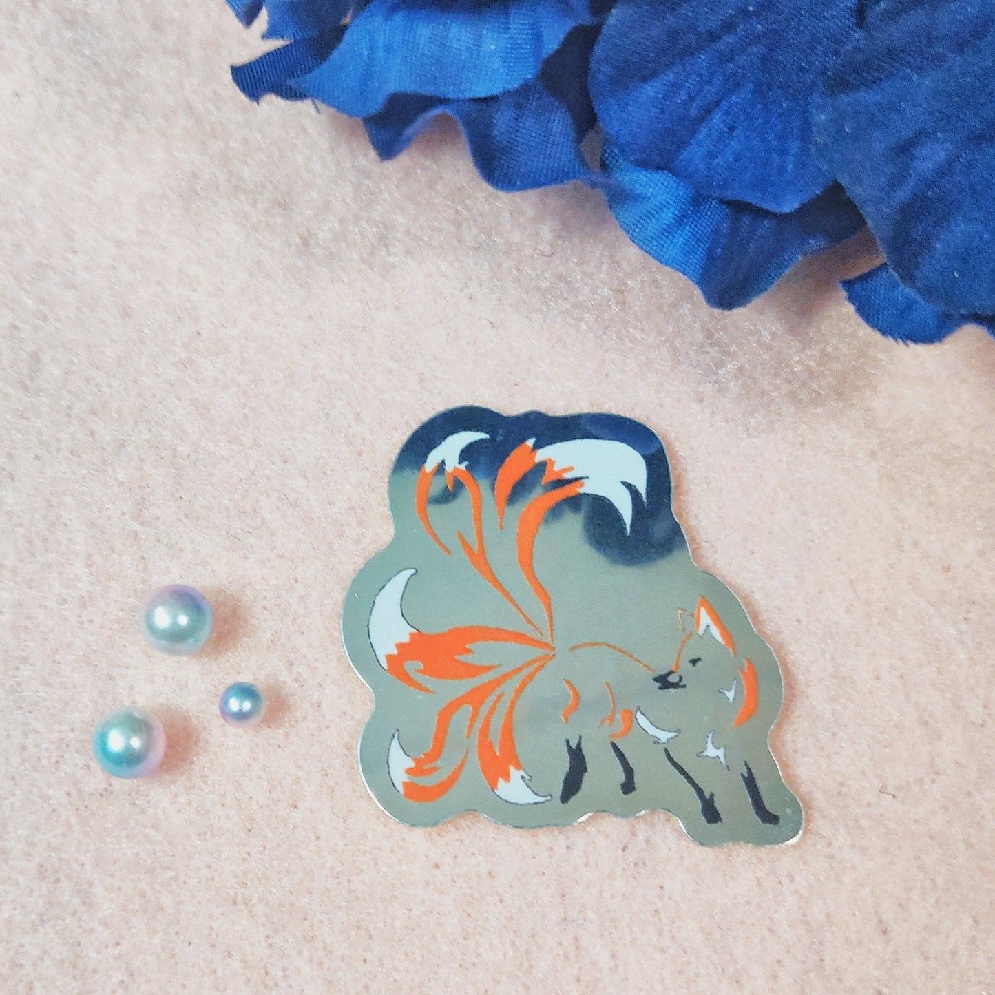Orange Kitsune Tailed Fox Silver Sticker