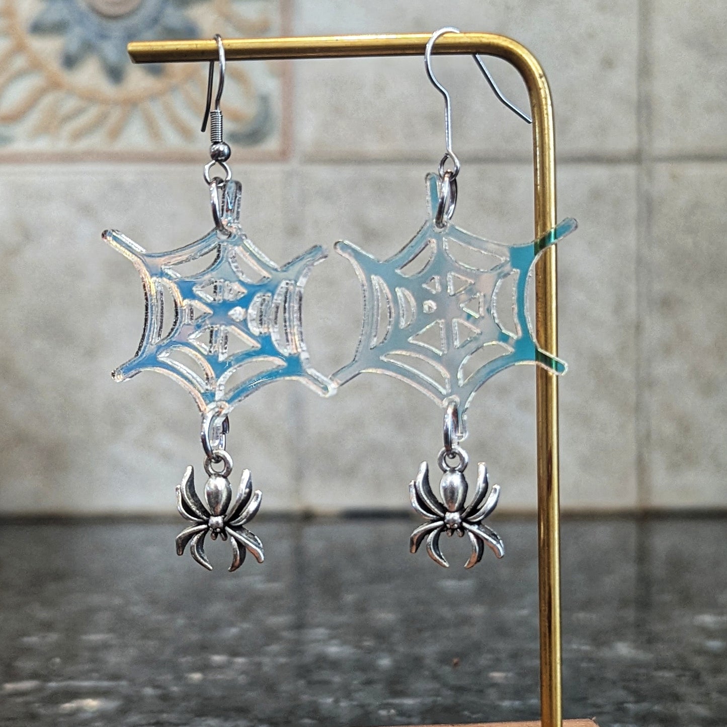Iridescent Spiderweb Dangle Earrings with Silver Spider Charms