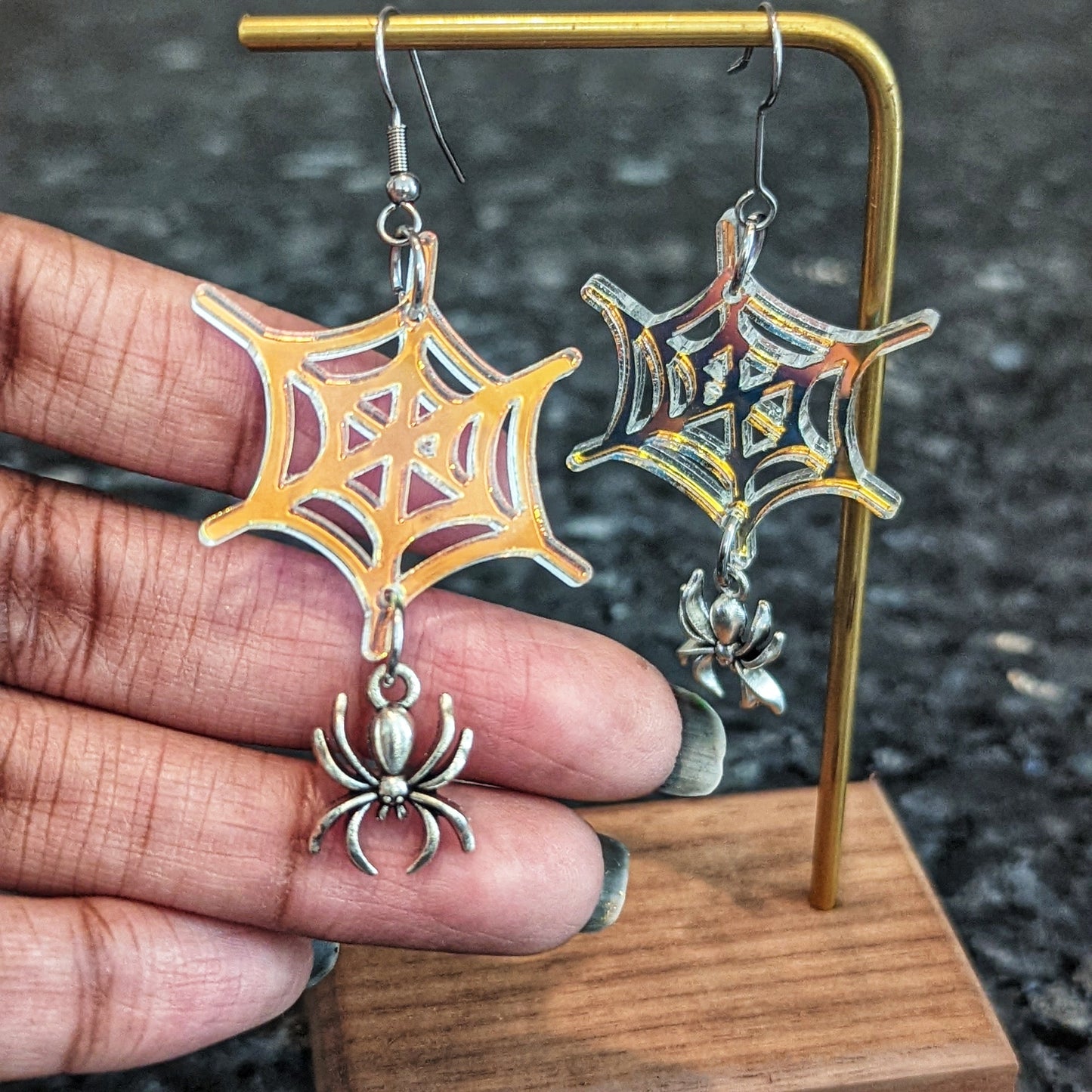 Iridescent Spiderweb Dangle Earrings with Silver Spider Charms