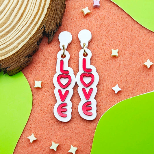 Love Text with Red Heart Earrings