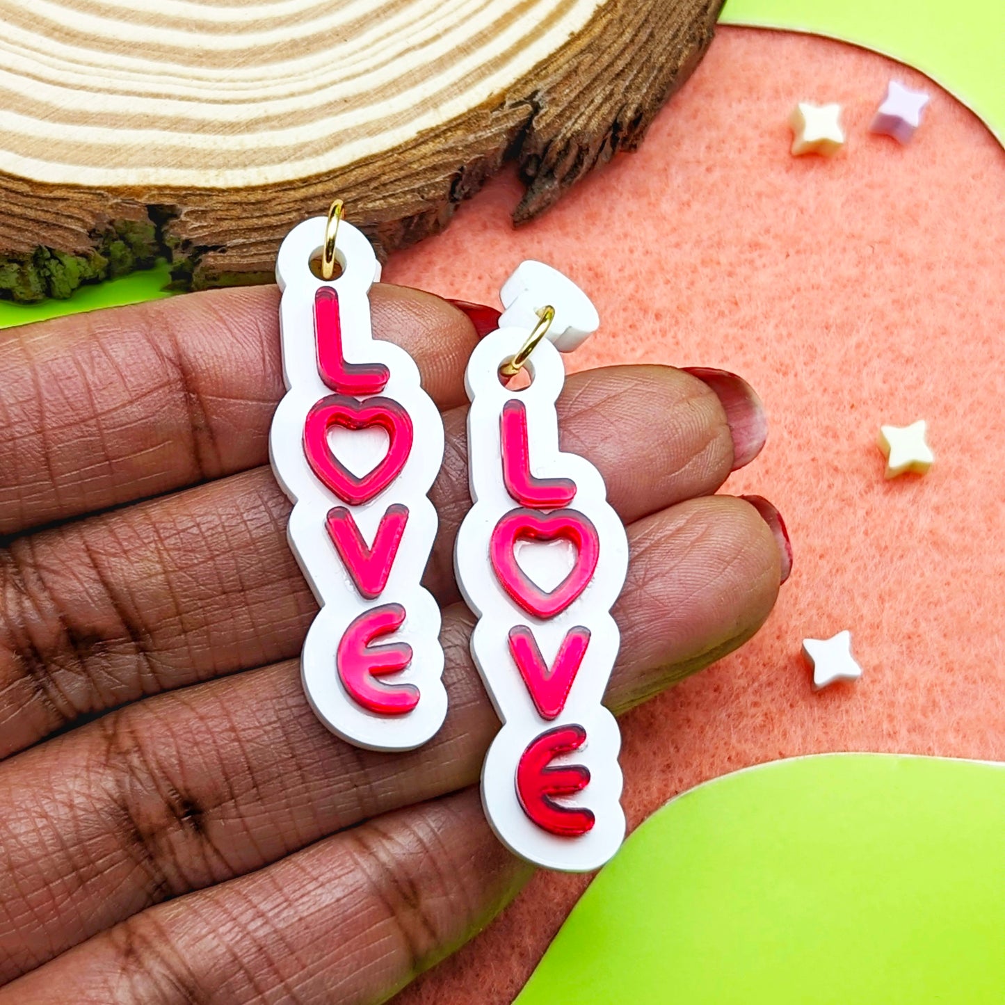 Love Text with Red Heart Earrings