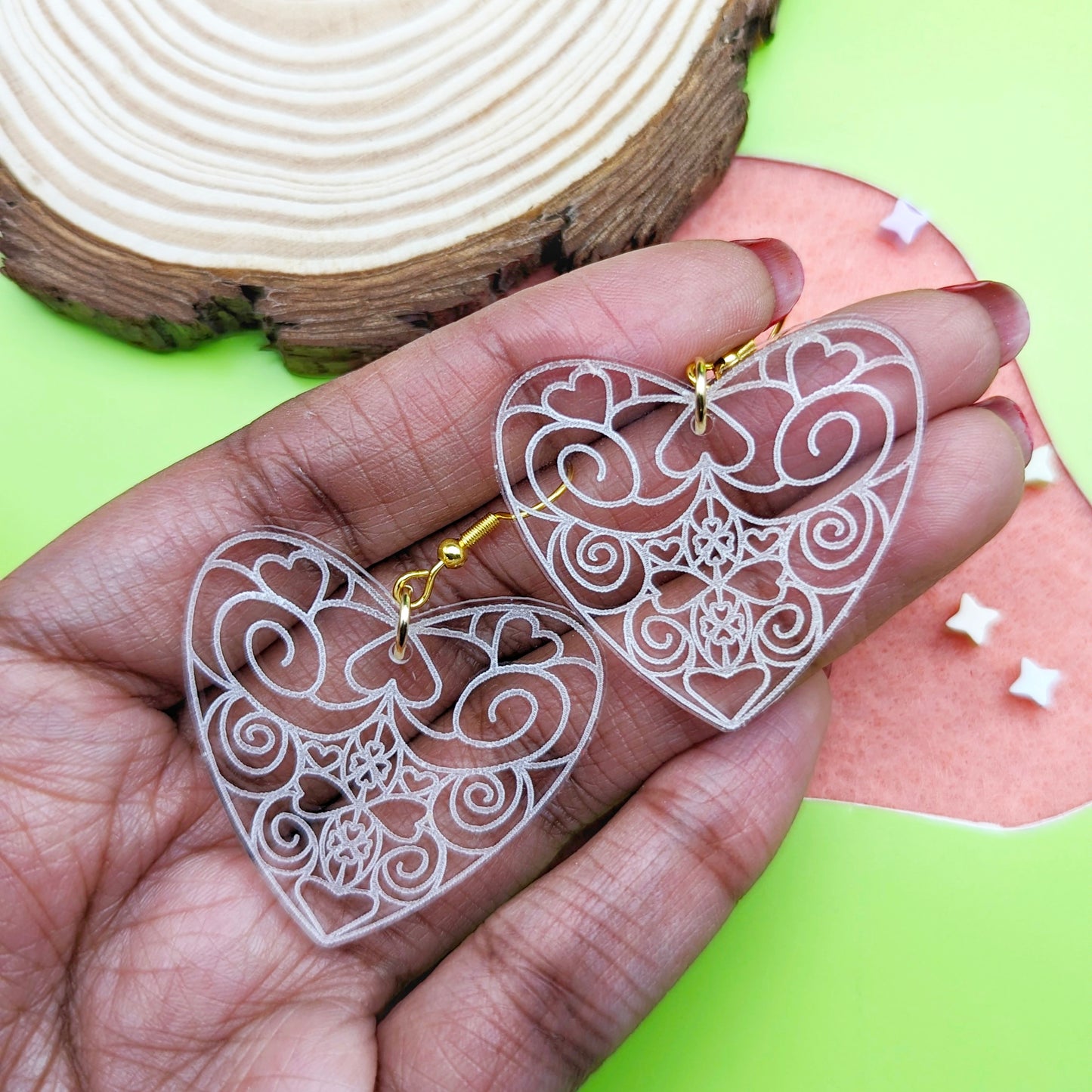 Lace Heart Clear Acrylic Earrings