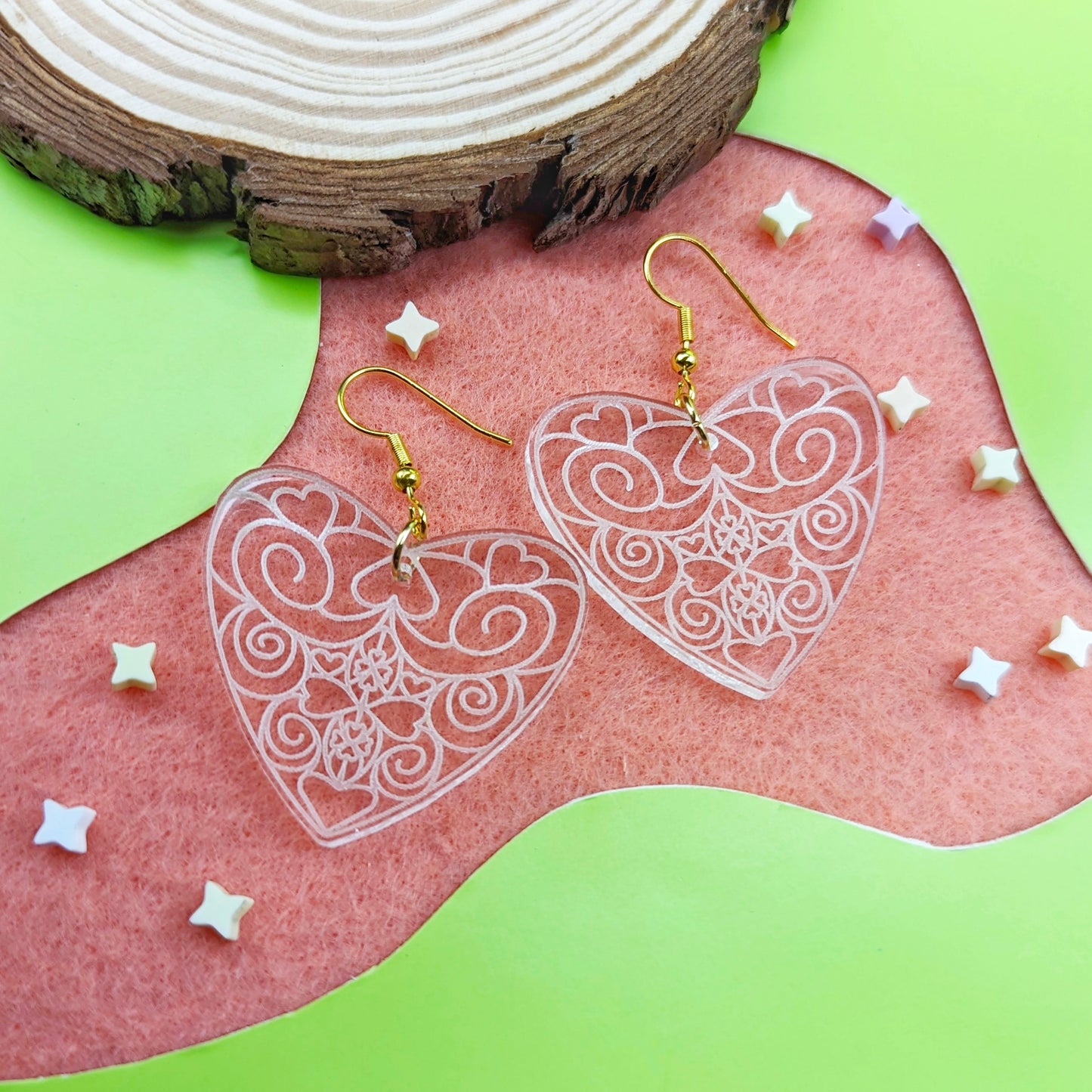 Lace Heart Clear Acrylic Earrings