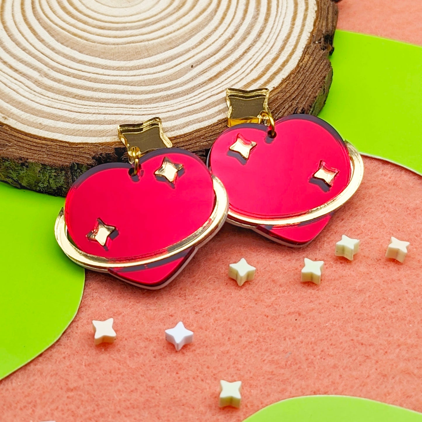 Heart Planet Red and Gold Statement Earrings