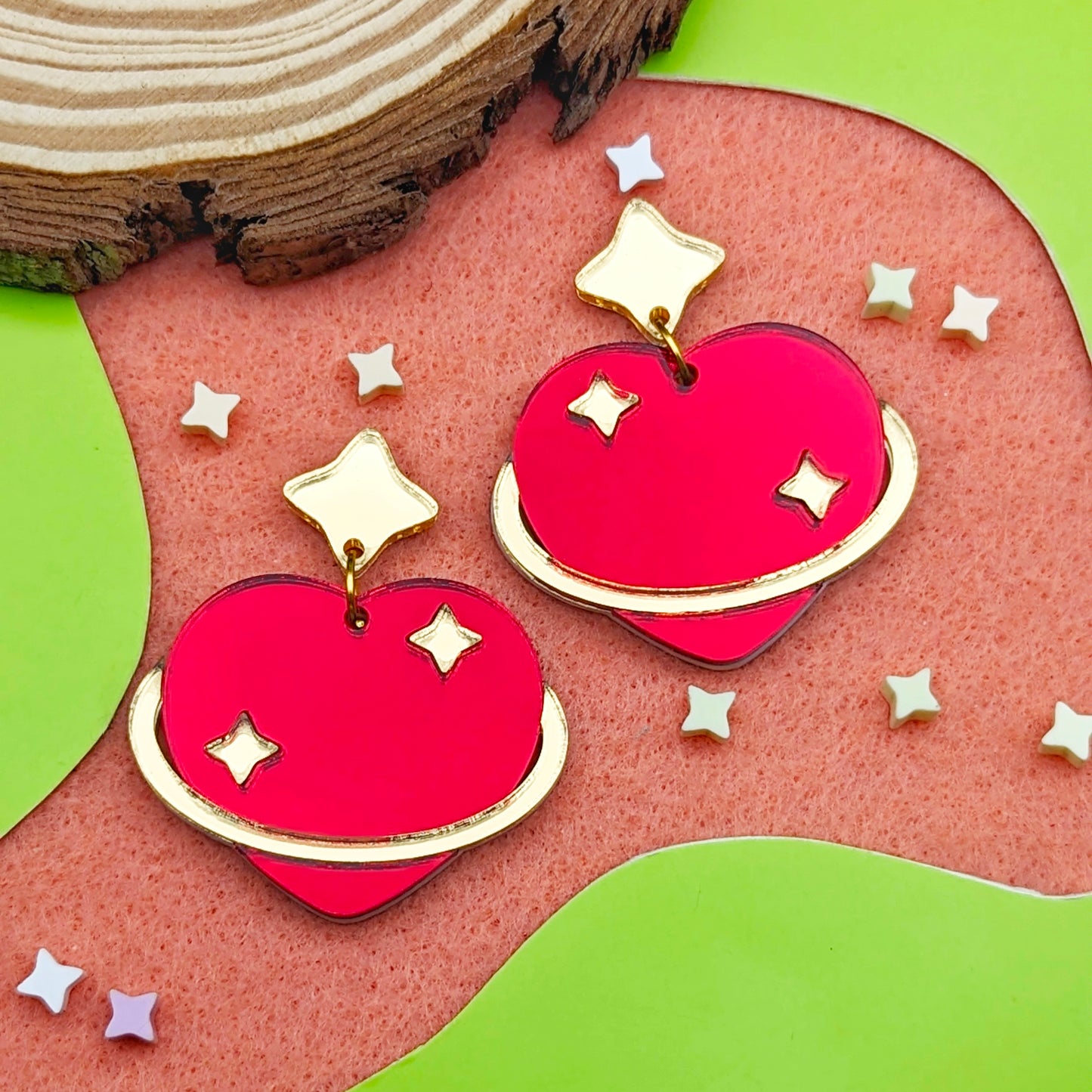 Heart Planet Red and Gold Statement Earrings