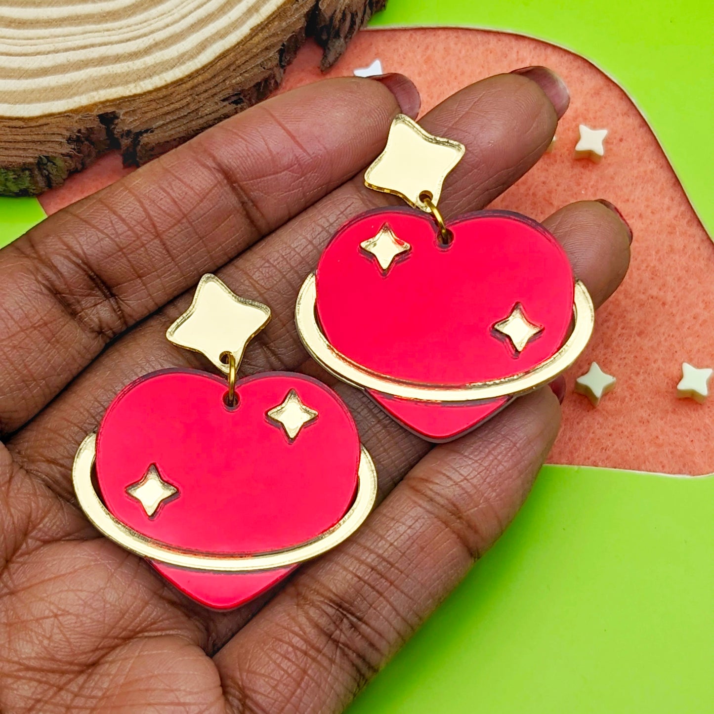 Heart Planet Red and Gold Statement Earrings