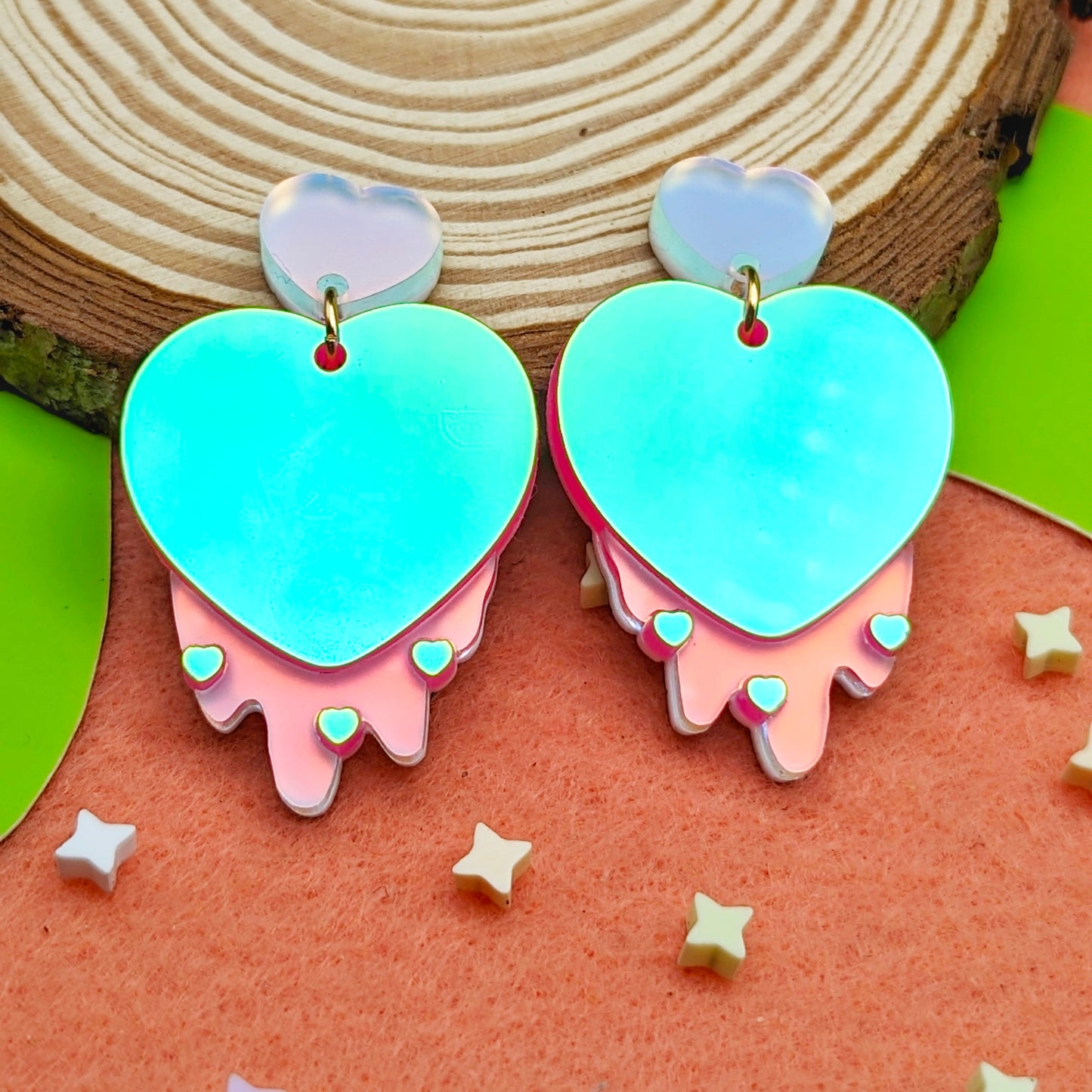 Drippy Hearts Iridescent Pink Statement Earrings