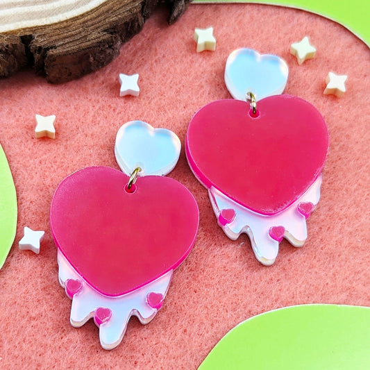 Drippy Hearts Iridescent Pink Statement Earrings