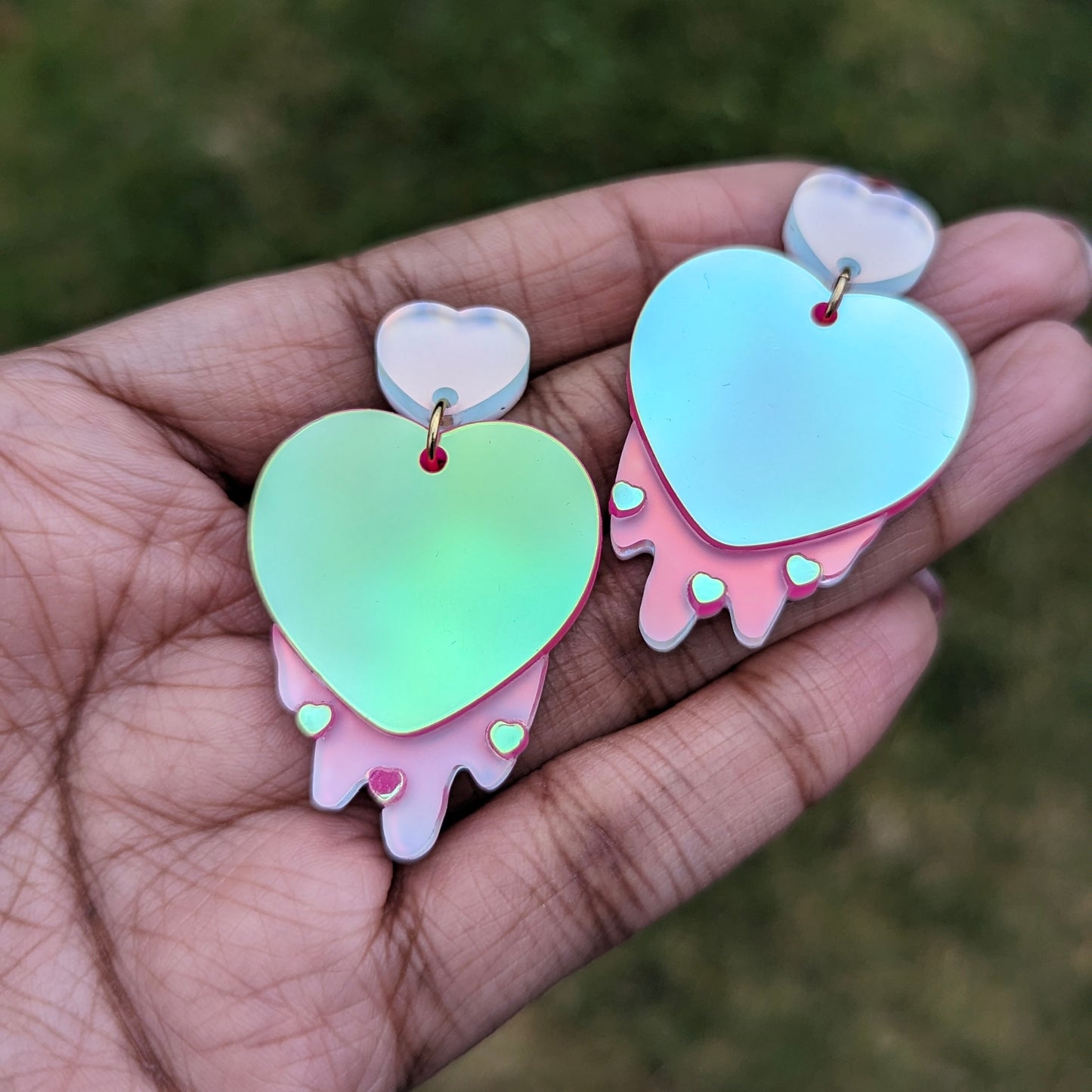 Drippy Hearts Iridescent Pink Statement Earrings