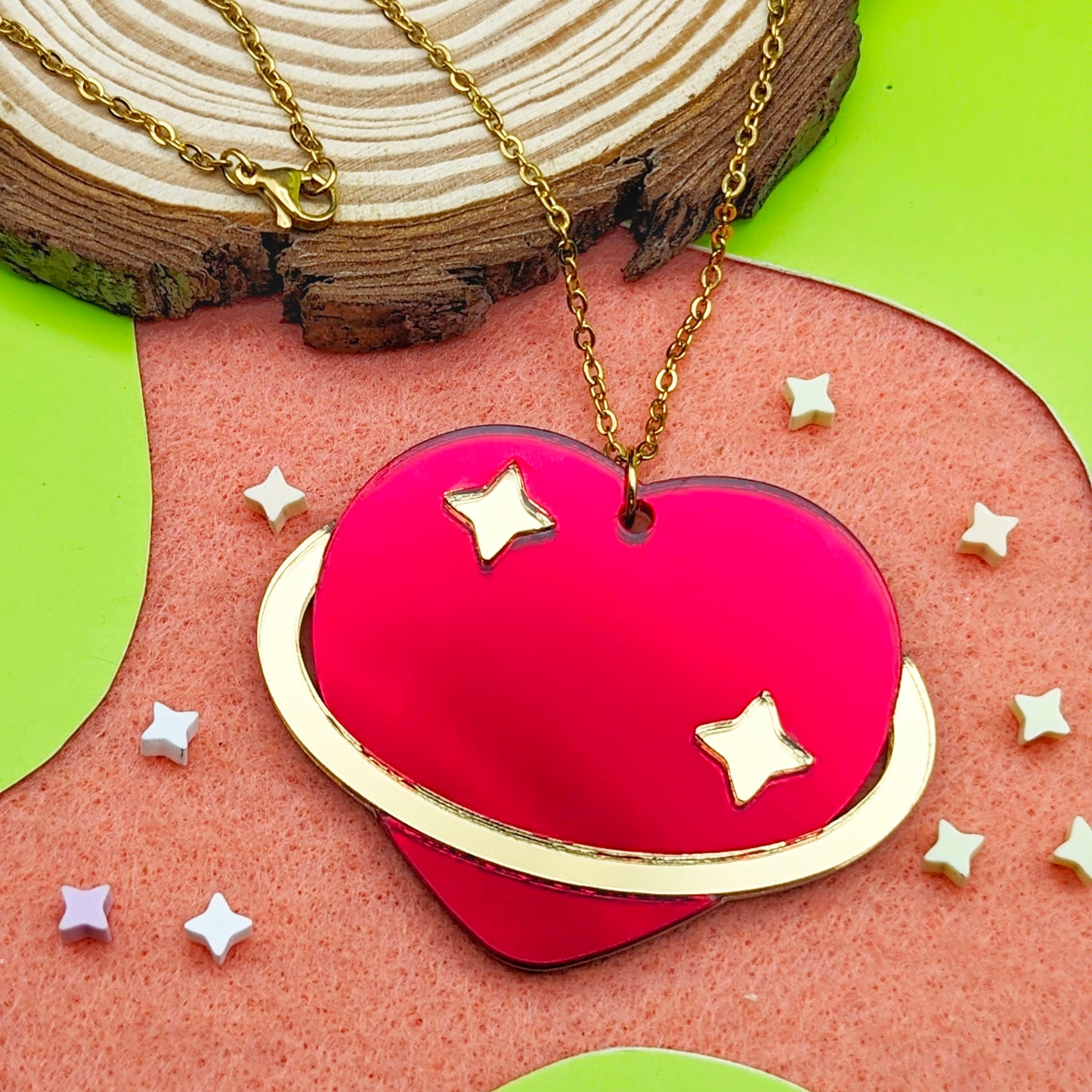 Heart Planet Red and Gold Necklace or Brooch