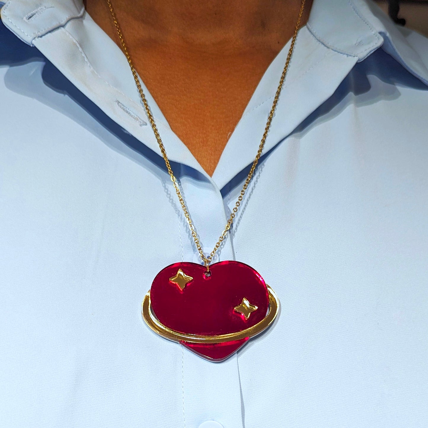 Heart Planet Red and Gold Necklace or Brooch