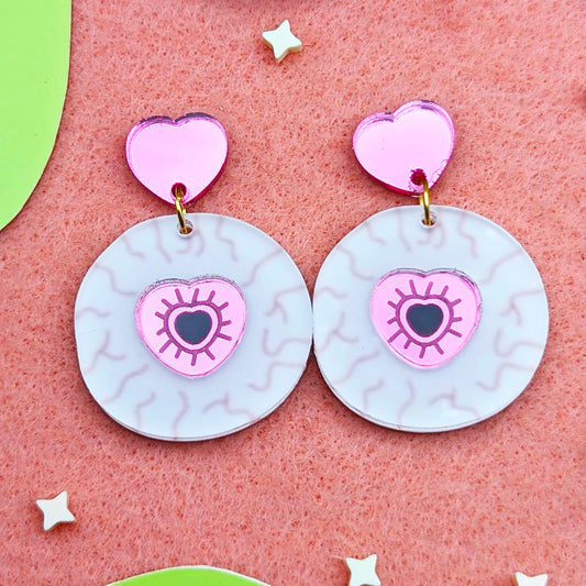 Eyeball with Pink Heart Acrylic Earrings