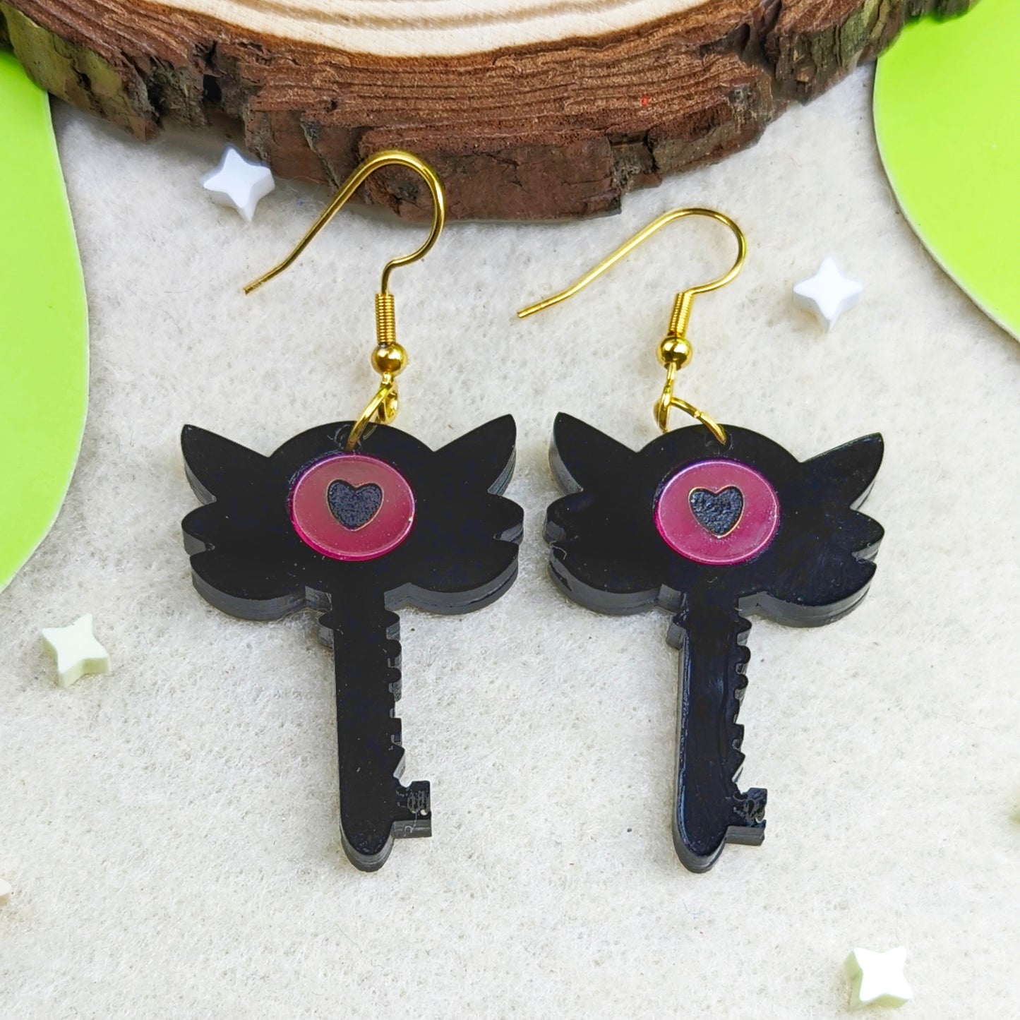 Hotel Key Black and Iridescent Pink Earrings