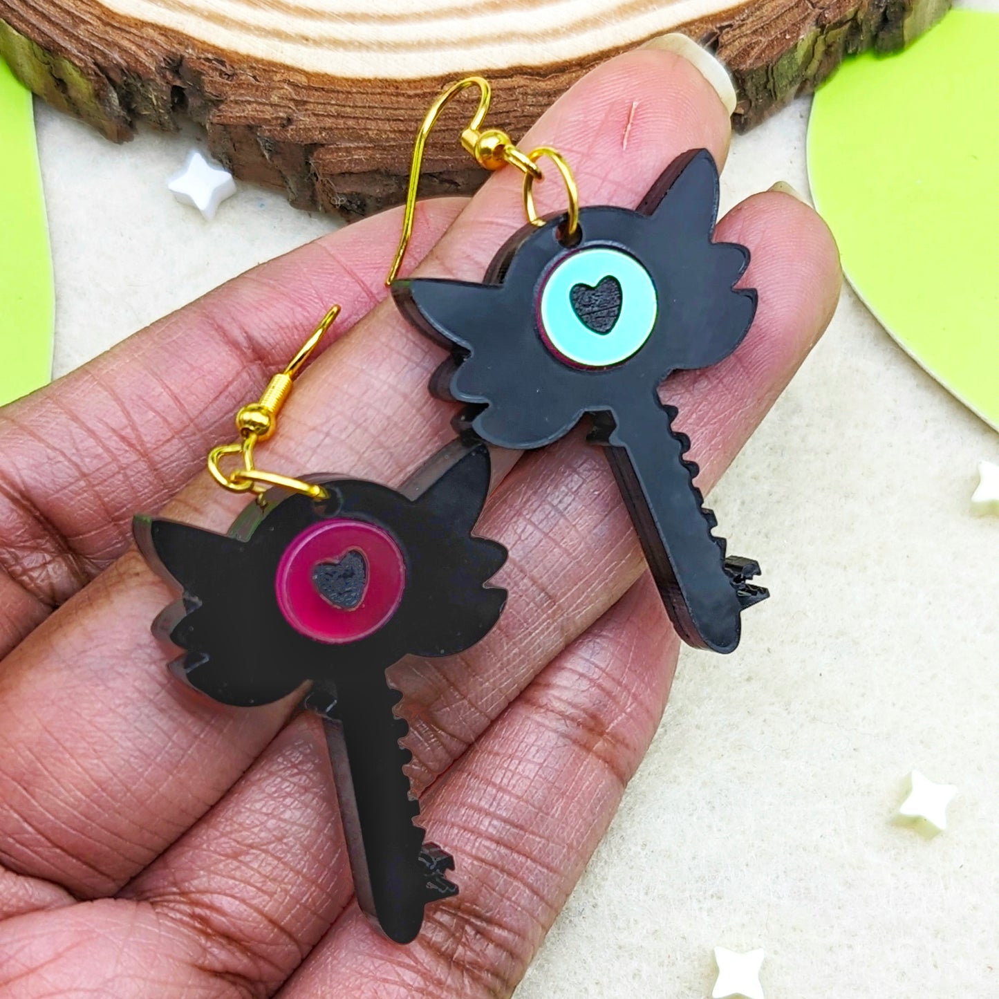 Hotel Key Black and Iridescent Pink Earrings