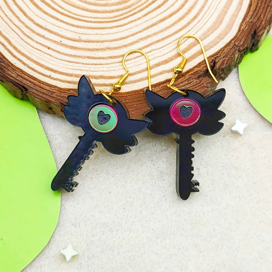 Hotel Key Black and Iridescent Pink Earrings