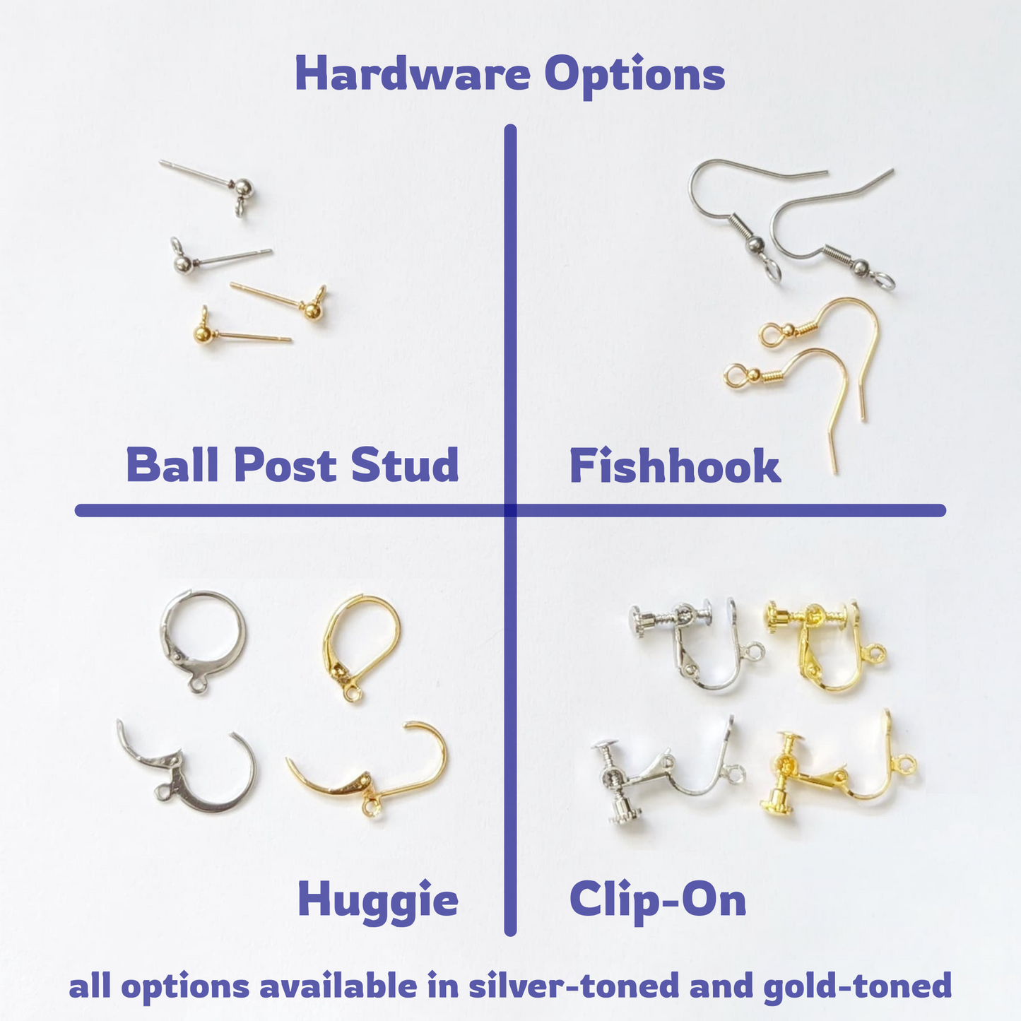 A chart of earring hardware options including ball post studs, fishhooks, huggies, and clip-ons