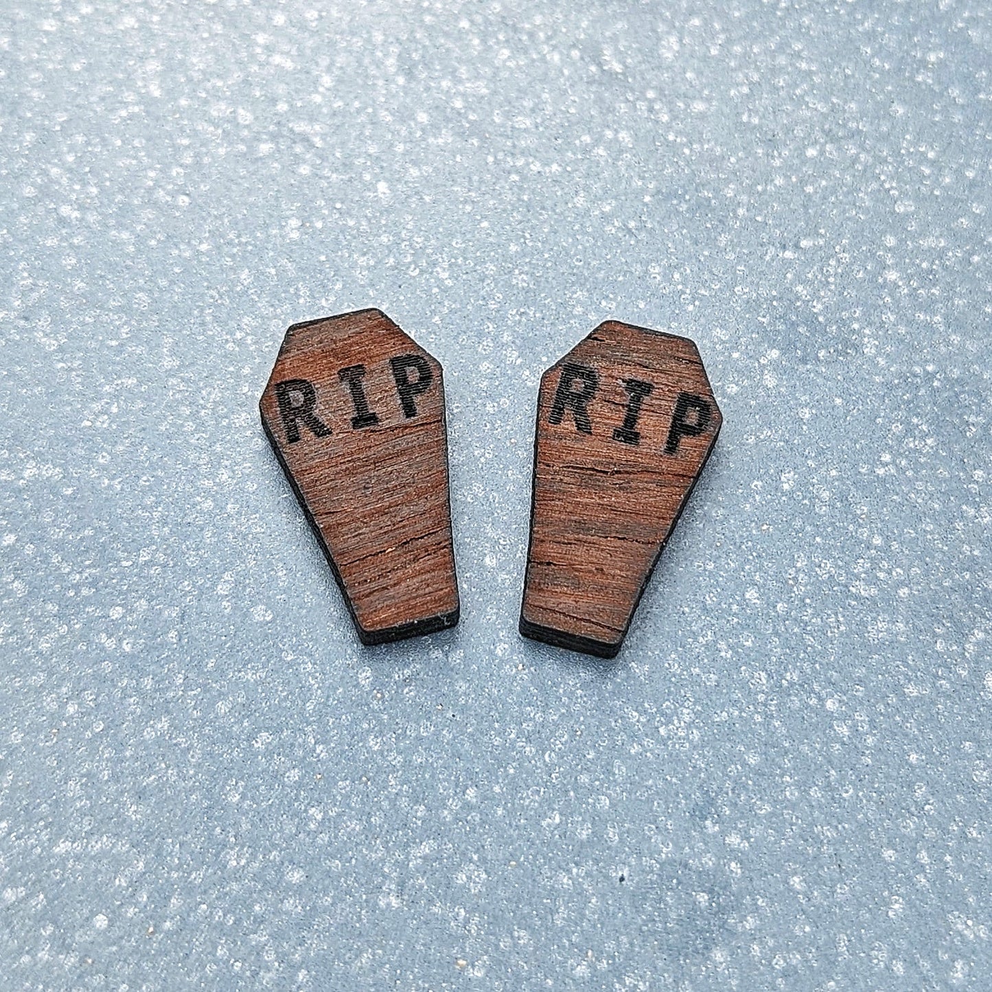 Dark Wood "RIP" Coffin Earrings