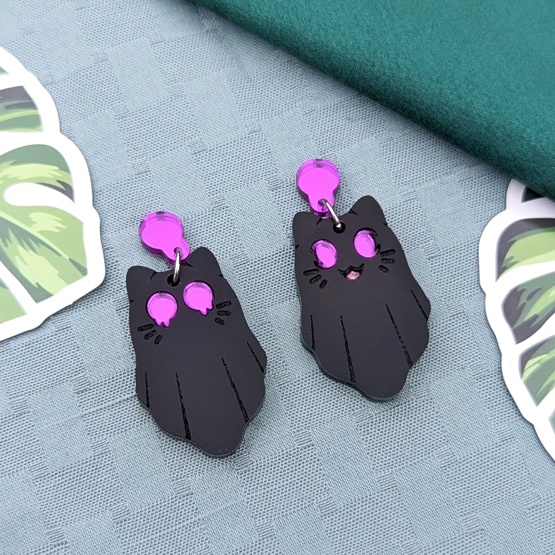 Black Ghost Cat Earrings with Dark Purple Eyes