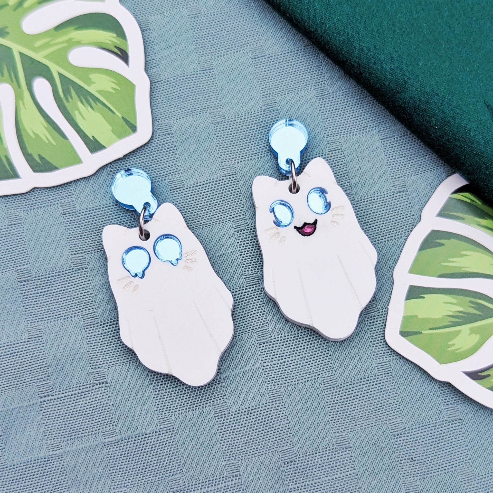 White Ghost Cat Earrings with Light Blue Eyes