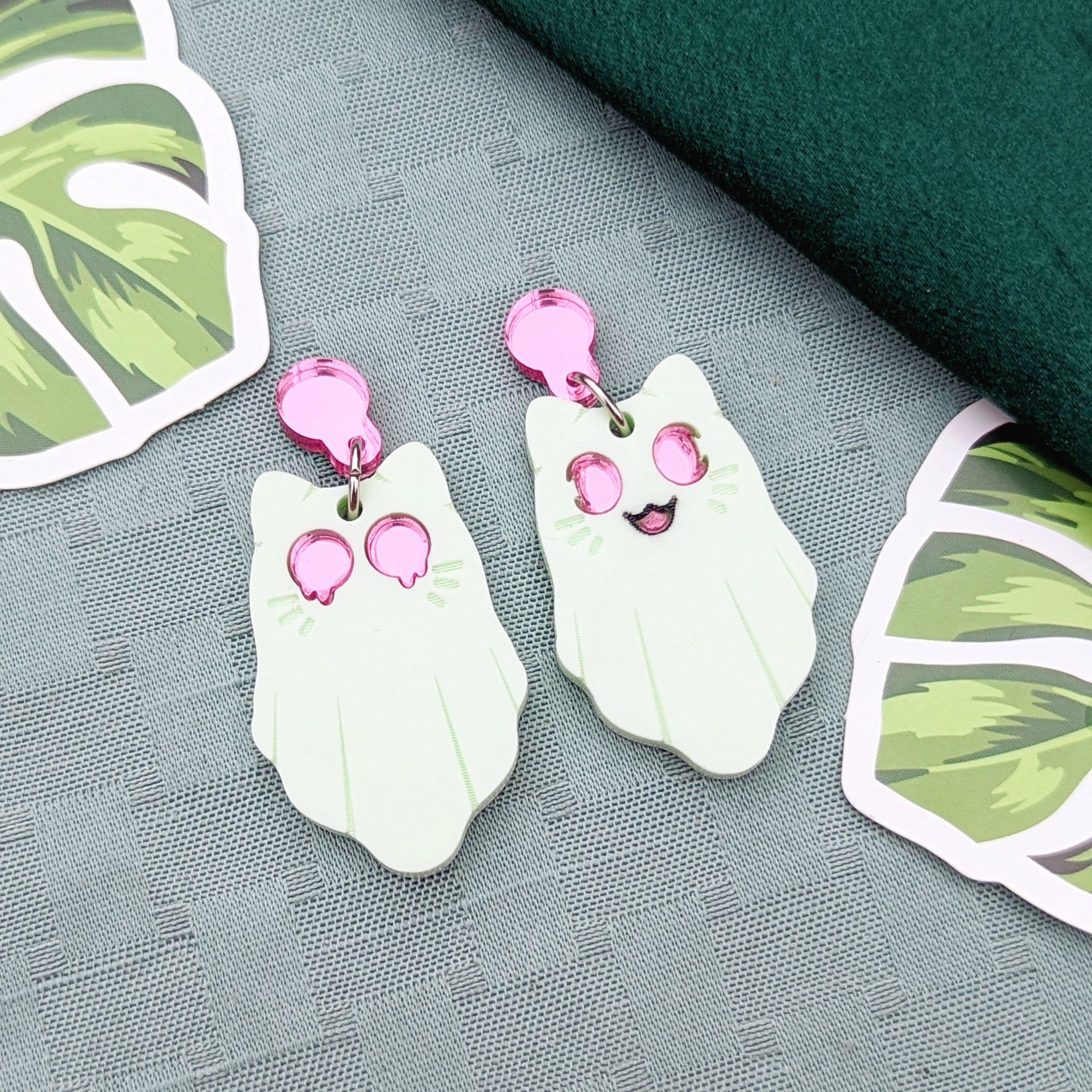 Green Ghost Cat Earrings with Pink Eyes