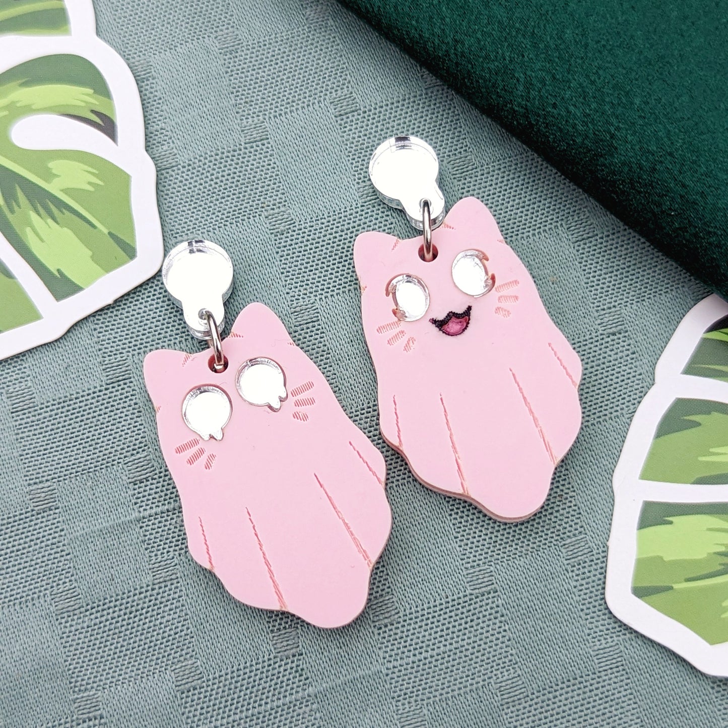 Pink Ghost Cat Earrings with Silver Eyes