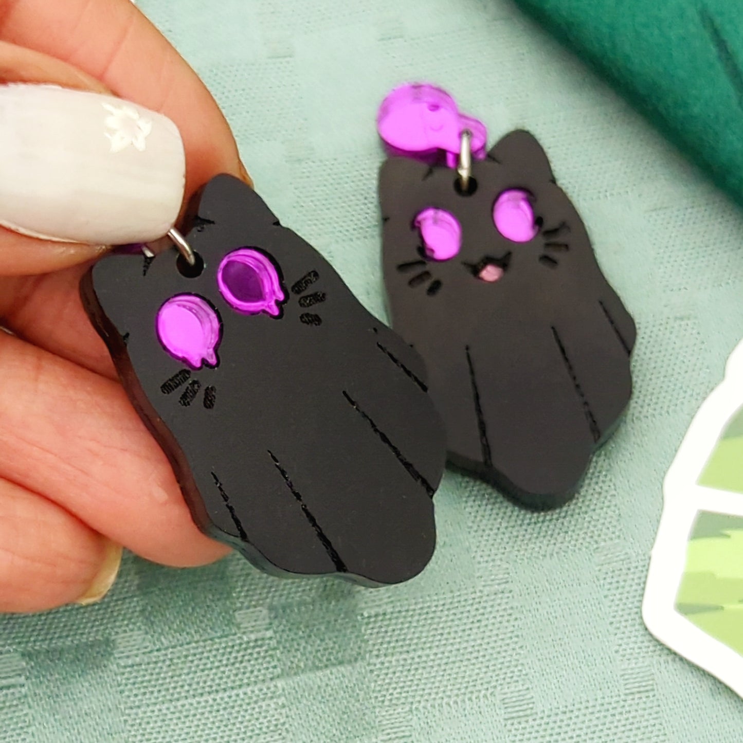 Black Ghost Cat Earrings with Dark Purple Eyes