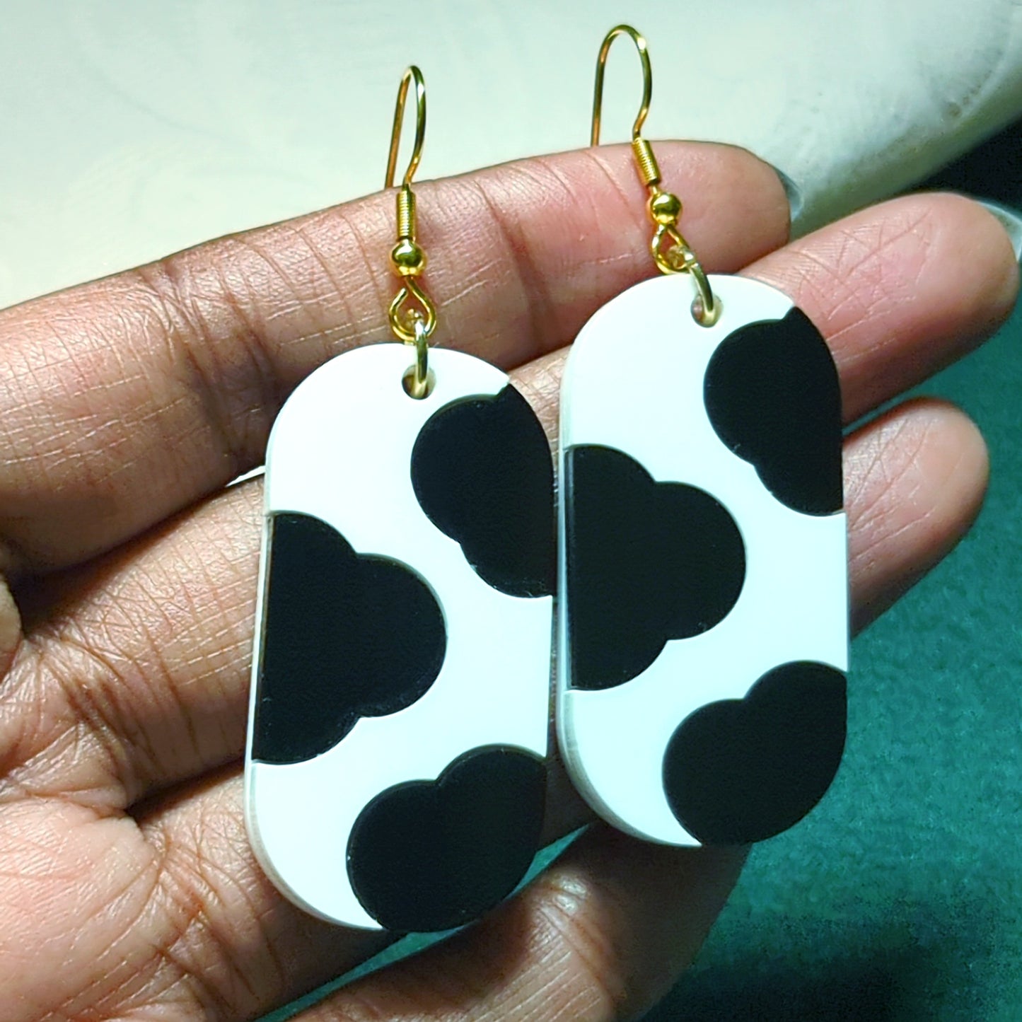 Cow Print Black and White Earrings with Gold Bells