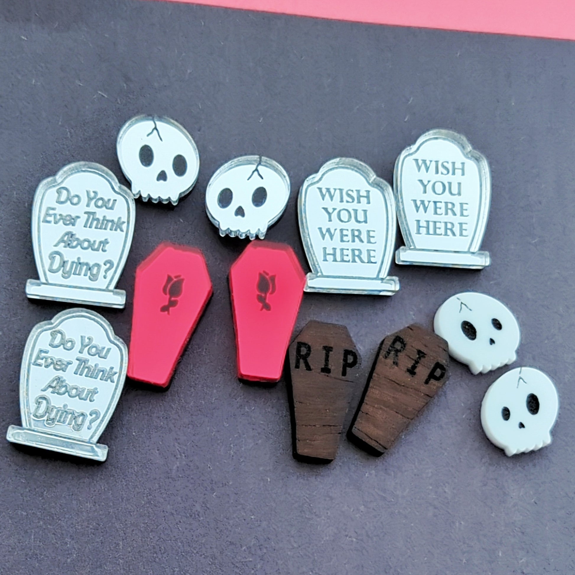 Various Graveyard Themed Stud Earrings