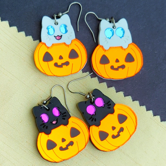 Spooky Kitty - In a Jack-O-Lantern Earrings