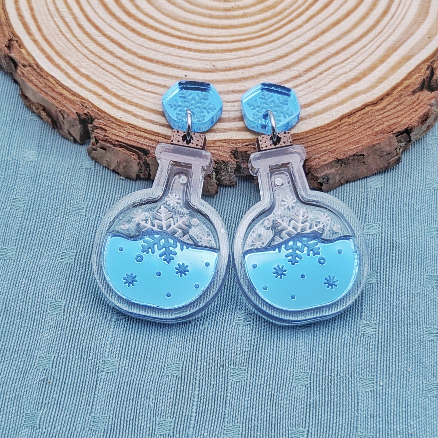 Potion of Frost Ice Blue Winter Earrings with Snowflakes