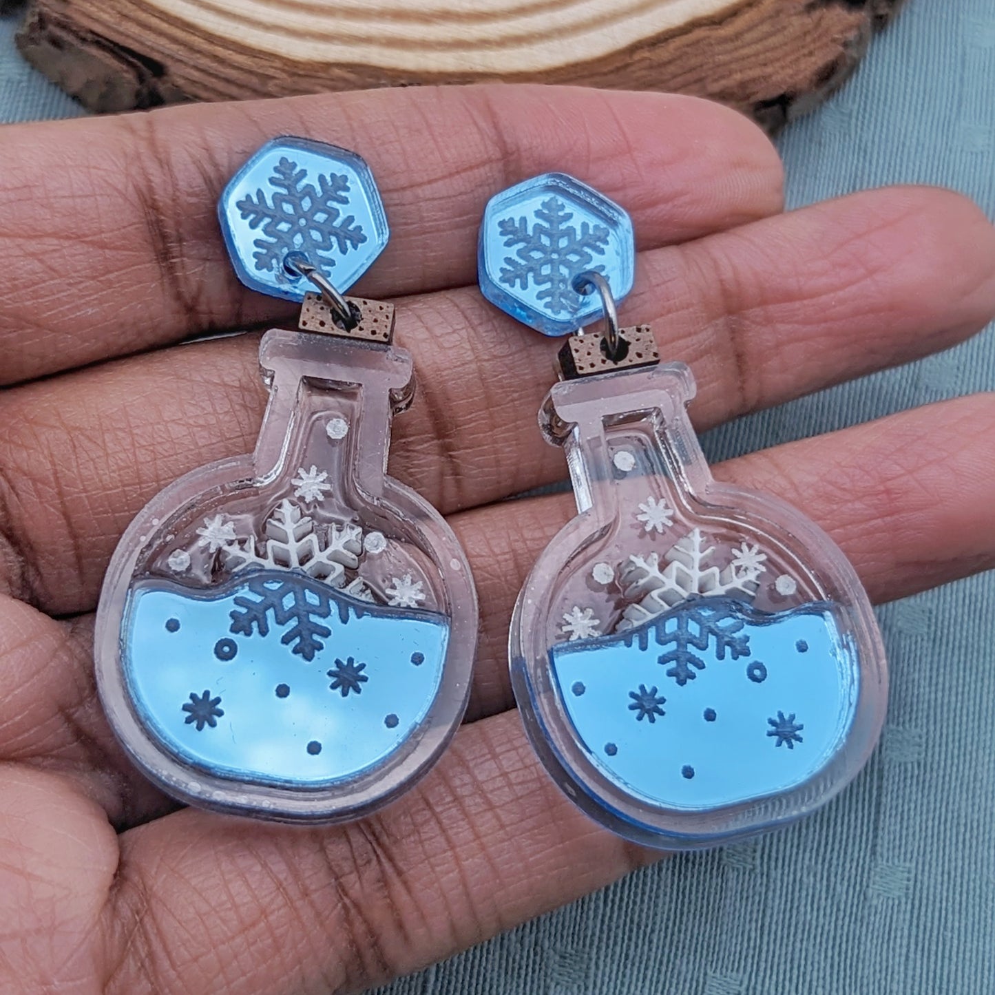 Potion of Frost Ice Blue Winter Earrings with Snowflakes