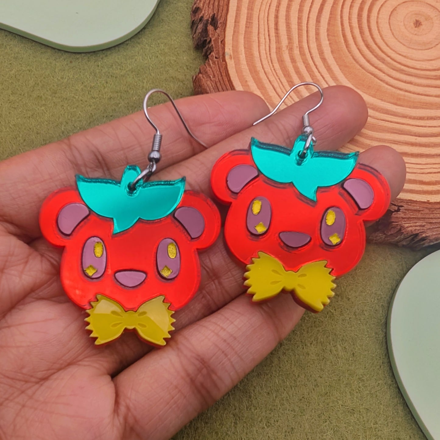 Tomato Bear with Pasta Bowtie Statement Earrings