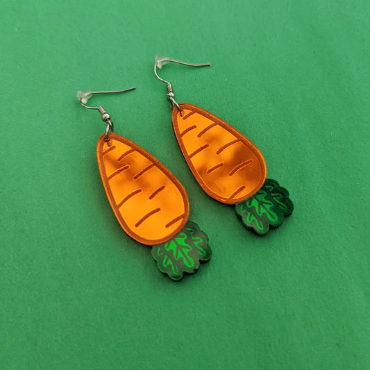 Orange Carrot Dangle Earrings With Green Leaves