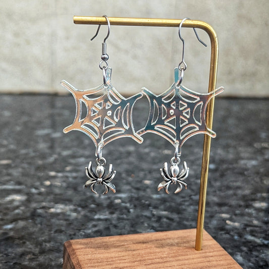 Iridescent Spiderweb Dangle Earrings with Silver Spider Charms