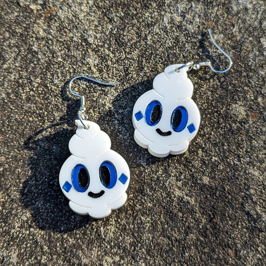 Cute Vanilla Ice Cream Character Earrings in White with Blue eyes and accents.